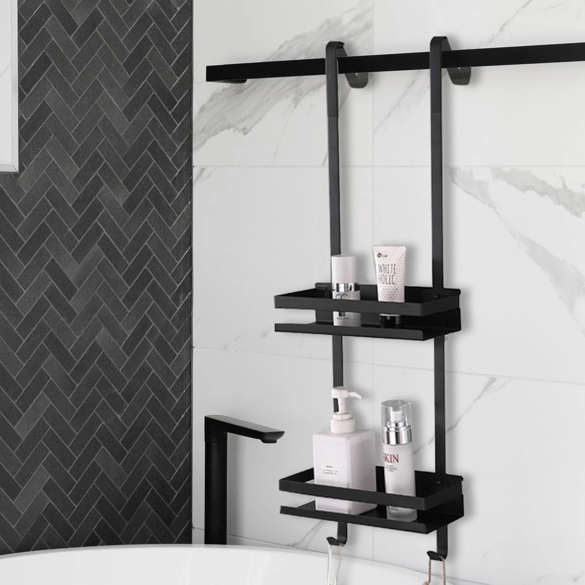 Merkloos Doucherek - Doucherek Zonder Boren - Doucherek Hangend - Zwart - RVS - Doucherekje - Badkamerrek - GRATIS DOUCHETIMER - Afbeelding 3