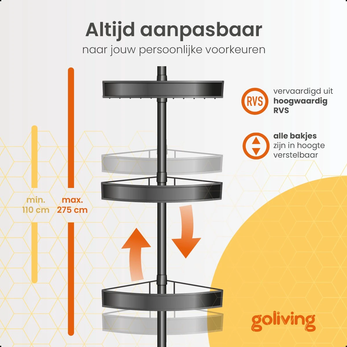 Goliving Doucherek - Doucherek Zonder Boren - Telescopisch Doucherek - Voor Plafonds Tot 2.9m Hoog - Dicht Design - Zwart - Afbeelding 2