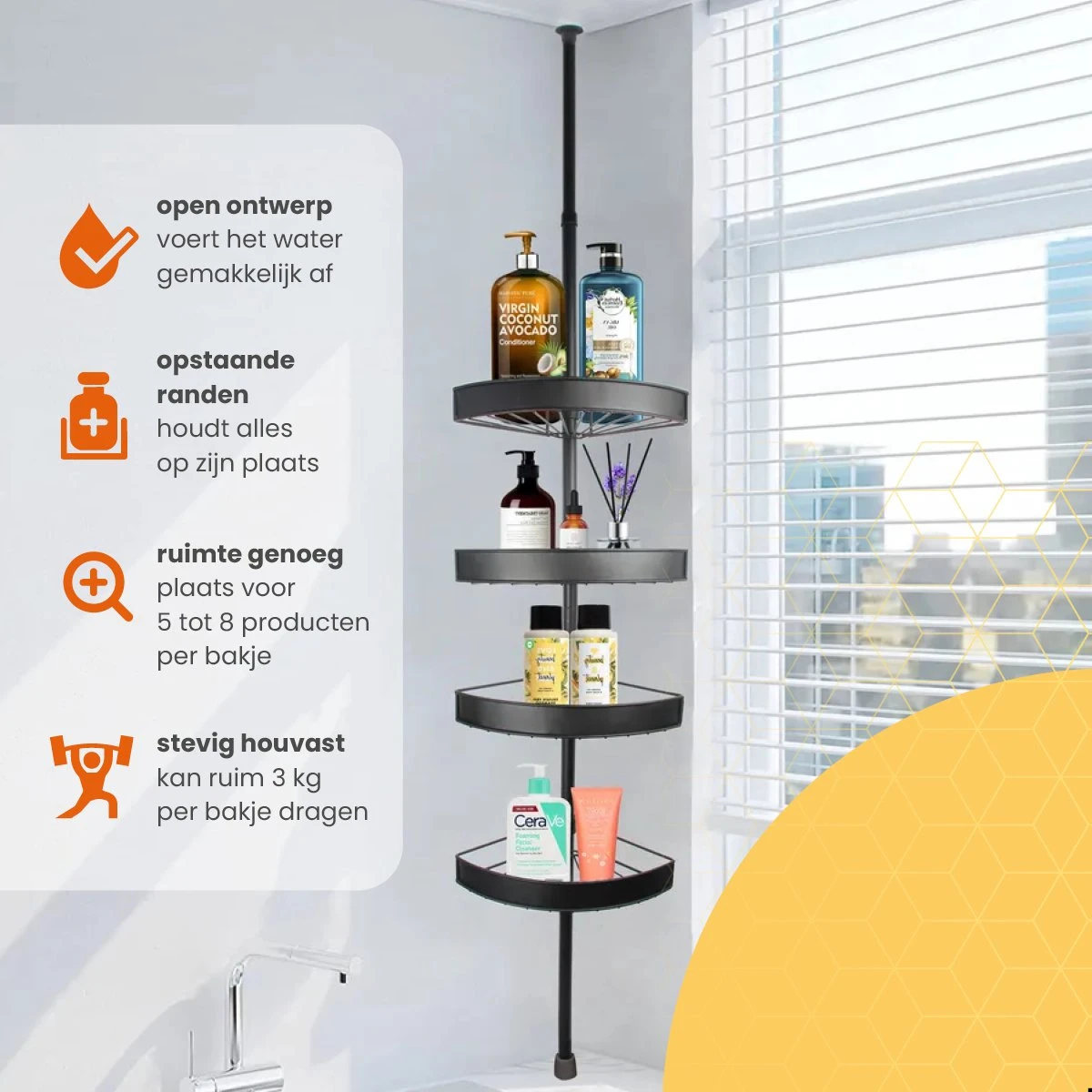 Goliving Doucherek - Doucherek Zonder Boren - Telescopisch Doucherek - Voor Plafonds Tot 2.9m Hoog - Dicht Design - Zwart - Afbeelding 4