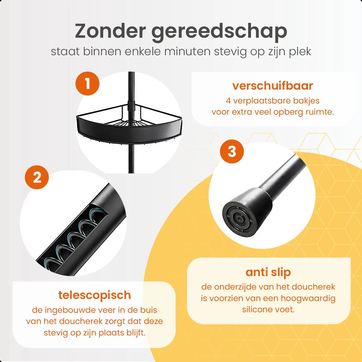 Goliving Doucherek - Doucherek Zonder Boren - Telescopisch Doucherek - Voor Plafonds Tot 2.9m Hoog - Dicht Design - Zwart - Afbeelding 6