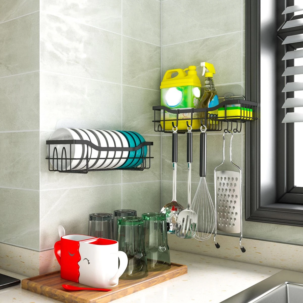 STRICX Doucherek 2 Laags Zwart - Zelfklevend Doucherek Inclusief 3 Ophanghaakjes - Doucherek Voor Badkamer / Keuken - Doucherek Met Plakstrip - Keukenrek Met Plakstrip - Badrek Douche - Kruidenrek Specerijen - Badkamerrek Douchemandje - Afbeelding 13