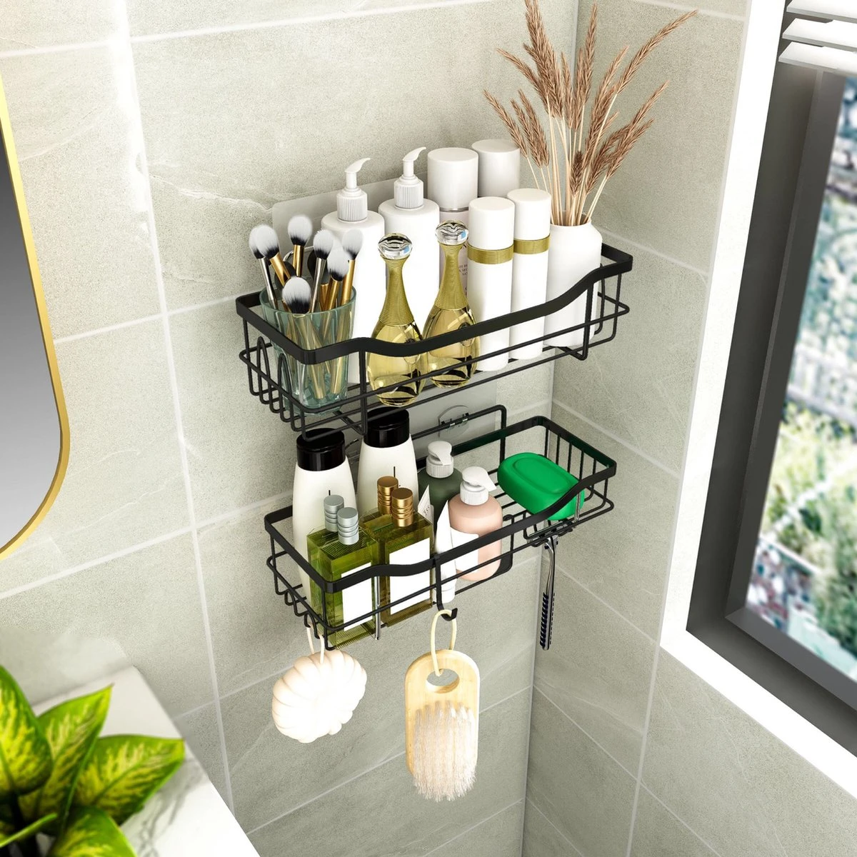 STRICX Doucherek 2 Laags Zwart - Zelfklevend Doucherek Inclusief 3 Ophanghaakjes - Doucherek Voor Badkamer / Keuken - Doucherek Met Plakstrip - Keukenrek Met Plakstrip - Badrek Douche - Kruidenrek Specerijen - Badkamerrek Douchemandje - Afbeelding 15