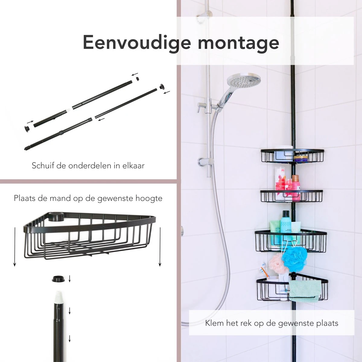 Ogoods Telescopisch Doucherek Inclusief 4 Manden - Zwart - Badkamerrek - Zonder Boren - In Hoogte Verstelbaar - Opbergsysteem - Afbeelding 7