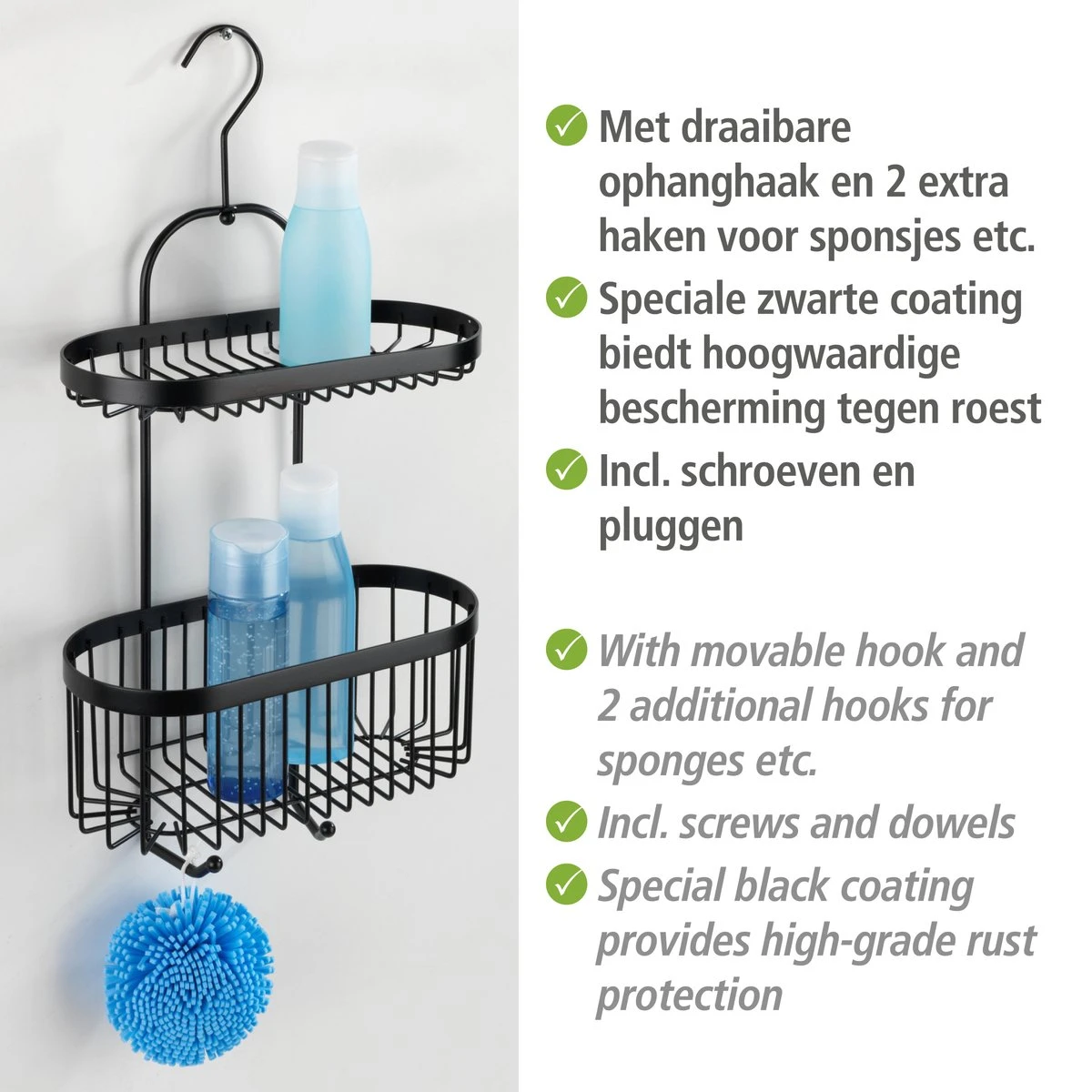 WENKO Doucherek 2-laags Classic Plus Black Mat Zwart - Doucherek Zonder Boren - Doucherek Hangend Zwart - Afbeelding 4