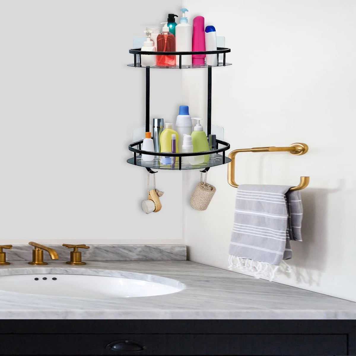 Zelfklevend Doucherek 2 Laags +Douche Bal - RVS - Mat Zwart - Afbeelding 6