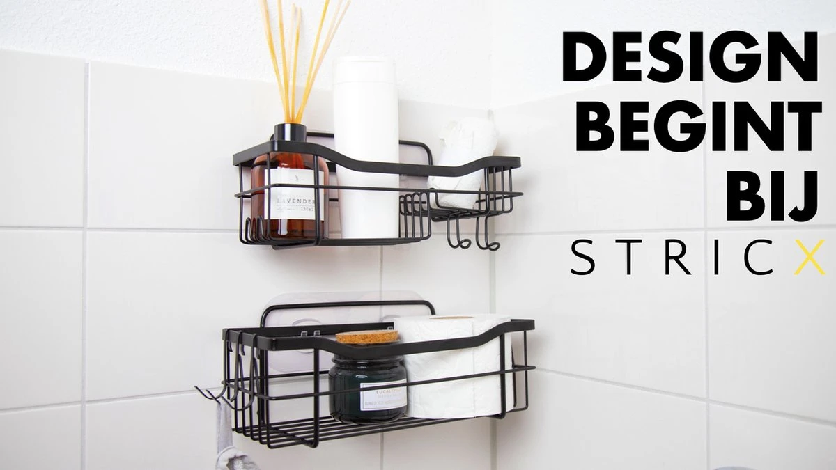 STRICX Doucherek 2 Laags Zwart - Zelfklevend Doucherek Inclusief 3 Ophanghaakjes - Doucherek Voor Badkamer / Keuken - Doucherek Met Plakstrip - Keukenrek Met Plakstrip - Badrek Douche - Kruidenrek Specerijen - Badkamerrek Douchemandje - Afbeelding 7