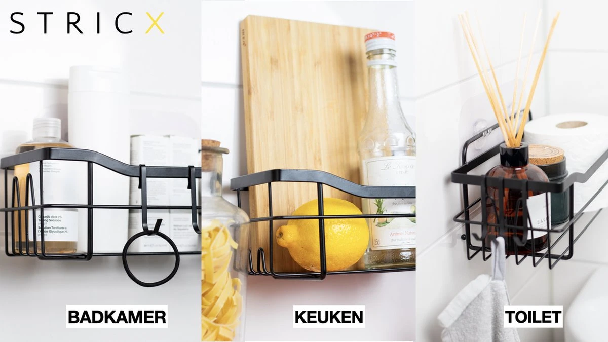 STRICX Doucherek 2 Laags Zwart - Zelfklevend Doucherek Inclusief 3 Ophanghaakjes - Doucherek Voor Badkamer / Keuken - Doucherek Met Plakstrip - Keukenrek Met Plakstrip - Badrek Douche - Kruidenrek Specerijen - Badkamerrek Douchemandje - Afbeelding 8