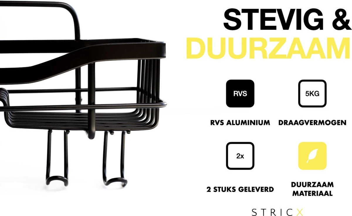 STRICX Doucherek 2 Laags Zwart - Zelfklevend Doucherek Inclusief 3 Ophanghaakjes - Doucherek Voor Badkamer / Keuken - Doucherek Met Plakstrip - Keukenrek Met Plakstrip - Badrek Douche - Kruidenrek Specerijen - Badkamerrek Douchemandje - Afbeelding 5