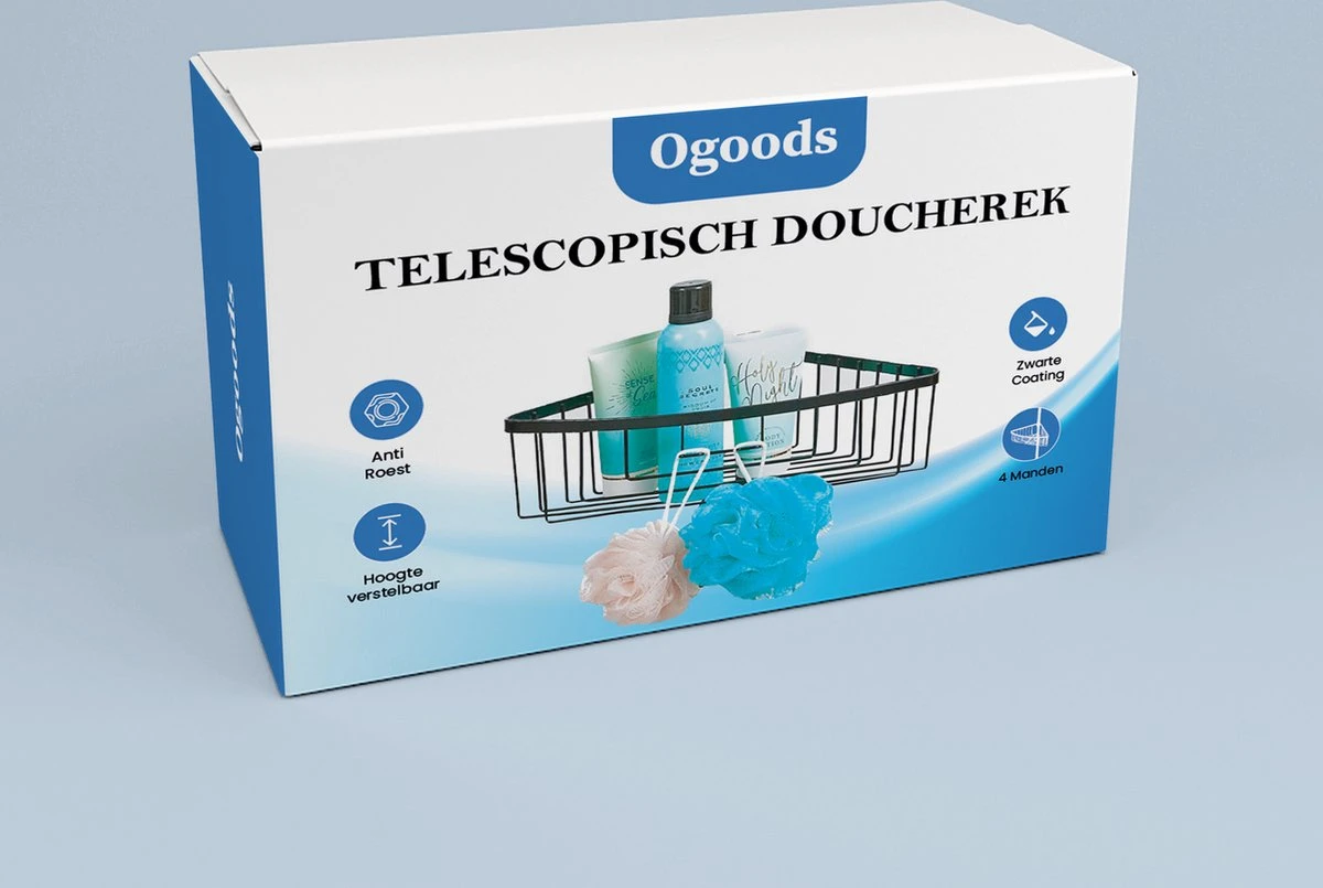 Ogoods Telescopisch Doucherek Inclusief 4 Manden - Zwart - Badkamerrek - Zonder Boren - In Hoogte Verstelbaar - Opbergsysteem - Afbeelding 8