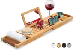 RelaxTub® Badplank - Badplank Voor In Bad - Badrek - Verstelbaar - Anti Slip - Badplank Bamboe - Badplank Hout - Badrekje Inclusief Boekenhouder, Tablethouder & Spiegel