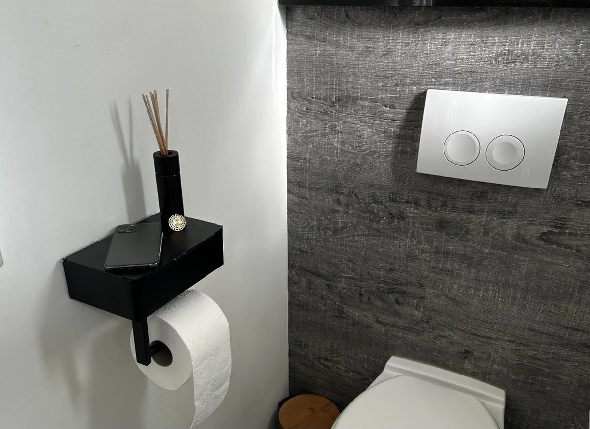 NIRAX WC Rolhouder – Toiletrolhouder - Zwart - RVS - Met Bakje Voor Vochtig Toiletpapier - Zonder Boren - Zelfklevend - Toilet Accessoires - Badkamer Accessoire - Toiletpapier Houder - Afbeelding 3