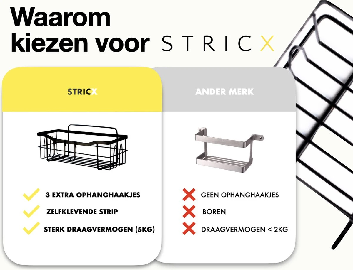 STRICX Doucherek 2 Laags Zwart - Zelfklevend Doucherek Inclusief 3 Ophanghaakjes - Doucherek Voor Badkamer / Keuken - Doucherek Met Plakstrip - Keukenrek Met Plakstrip - Badrek Douche - Kruidenrek Specerijen - Badkamerrek Douchemandje - Afbeelding 10