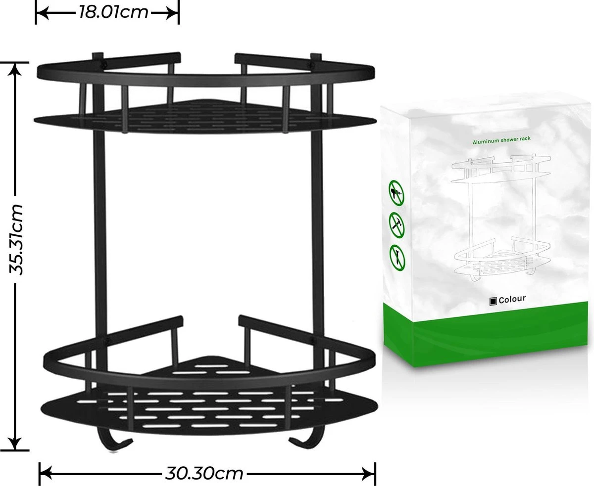 Zelfklevend Doucherek 2 Laags +Douche Bal - RVS - Mat Zwart - Afbeelding 7