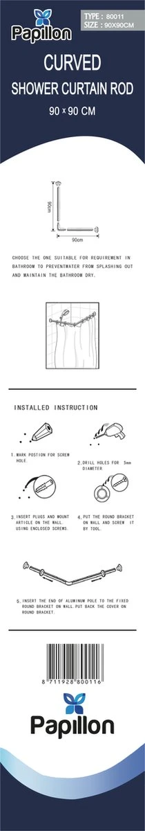 Papillon Douchegordijnstang - 90x90 Cm - Aluminium - Wit - Afbeelding 5