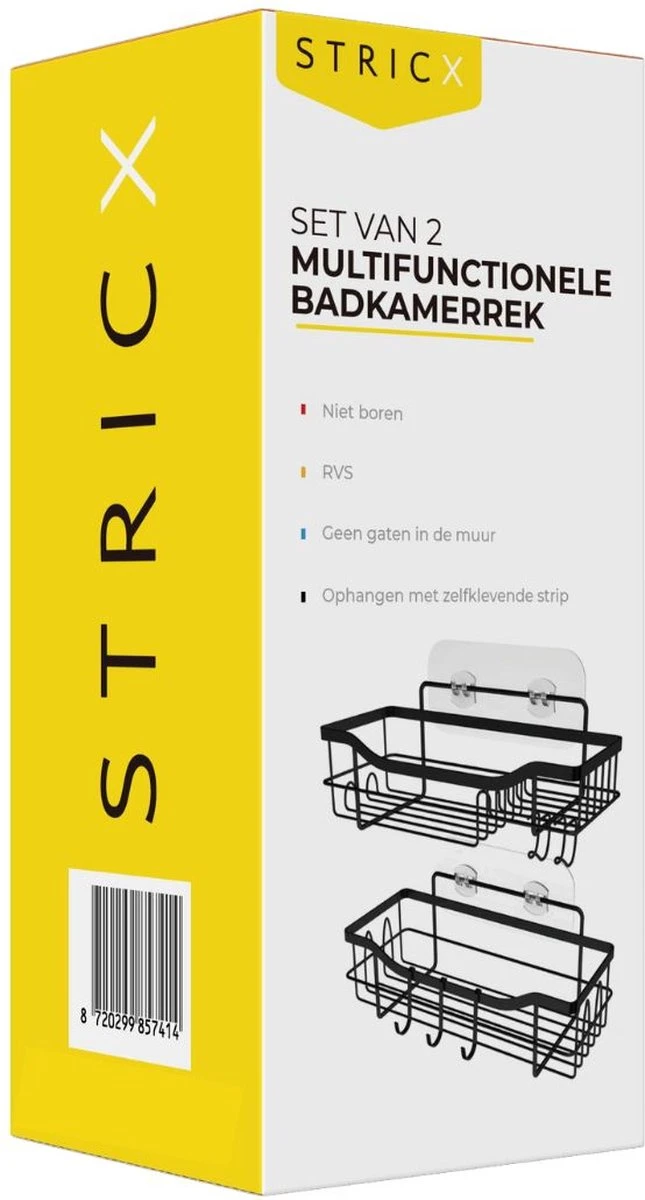STRICX Doucherek 2 Laags Zwart - Zelfklevend Doucherek Inclusief 3 Ophanghaakjes - Doucherek Voor Badkamer / Keuken - Doucherek Met Plakstrip - Keukenrek Met Plakstrip - Badrek Douche - Kruidenrek Specerijen - Badkamerrek Douchemandje - Afbeelding 11