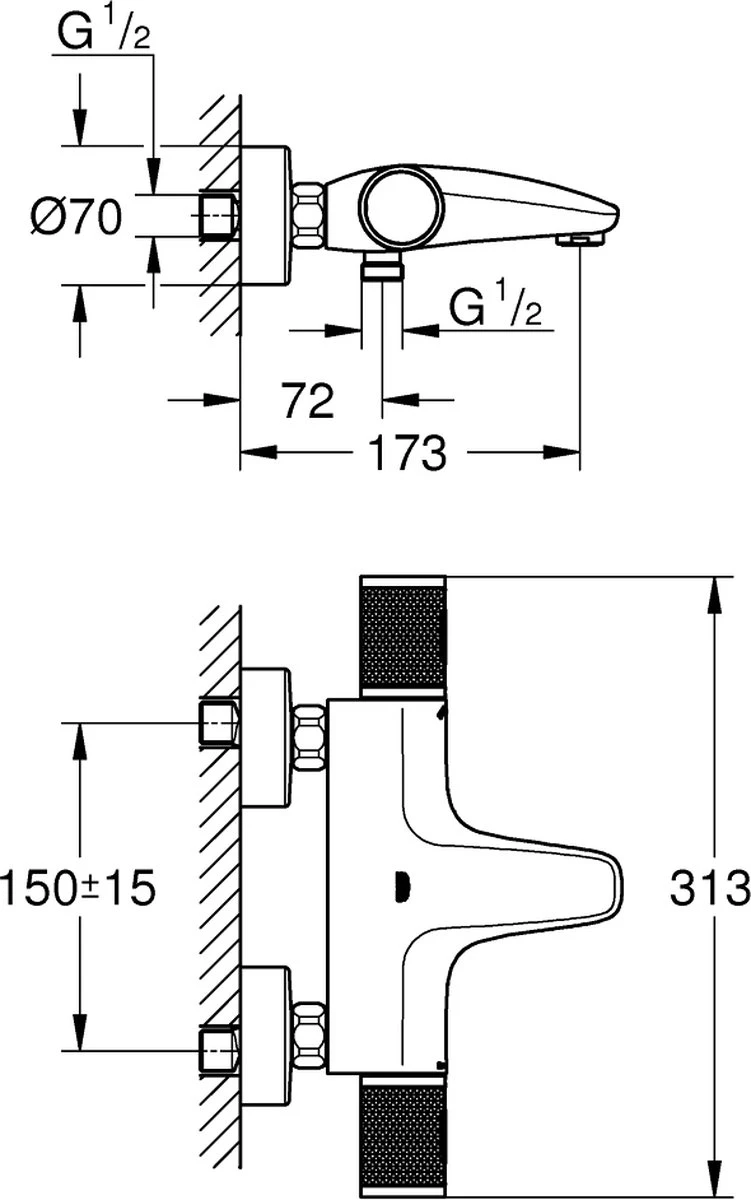 GROHE QuickFix Precision Feel Themostatische Badkraan - EcoJoy® - CoolTouch - 15 Cm - Met Koppelingen - Chroom - 34788000 - Afbeelding 2