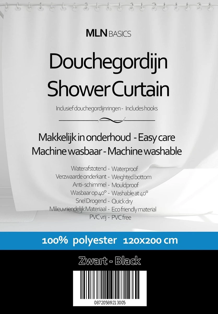 MLN Basics® Douchegordijn | Zwart | 120x200 Cm | Inclusief Ringen | Anti-schimmel - Afbeelding 5
