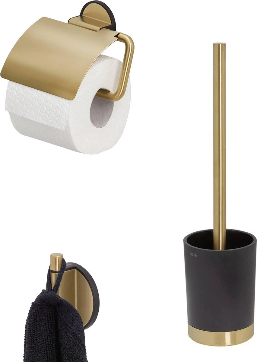 Tiger Tune Toiletaccessoires 3st. Incl. WC/Toilet Borstel, Rolhouder & Handdoekhaak - Messing/Zwart