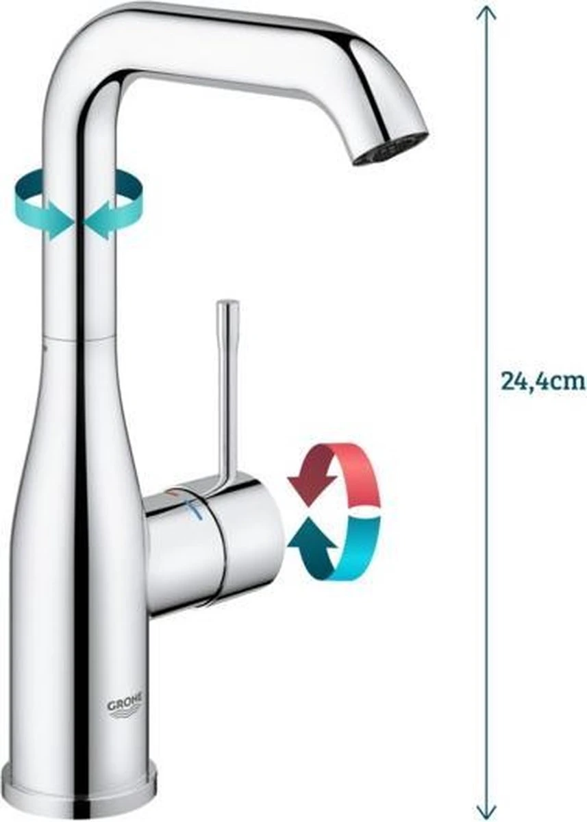 GROHE Essence New Wastafelkraan - Met EcoJoy® - Draaibare Uitloop - Zonder Waste - Chroom - 23541001 - Afbeelding 6