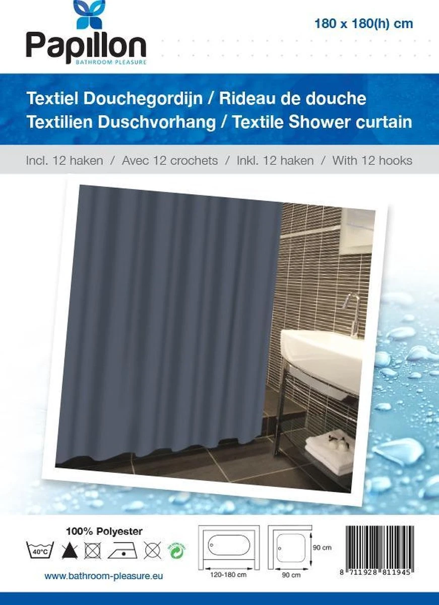 Papillon - Textiel Douchegordijn - Antraciet - 180x180 Cm - Afbeelding 2
