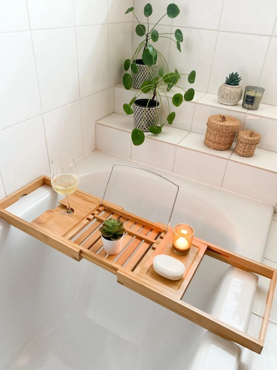 Bamboe Badplank Uitschuifbaar - 70 Tot 105 Cm - Met Boekenhouder - Afbeelding 5