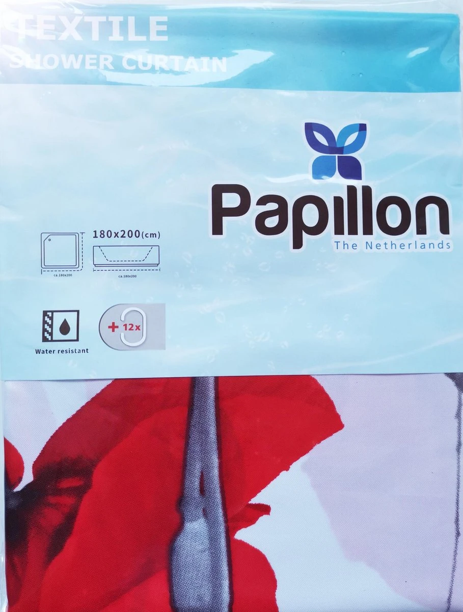 Papillon Douchegordijn - Textiel - Waterafstotend - 180x180 – Klaproos - Afbeelding 2